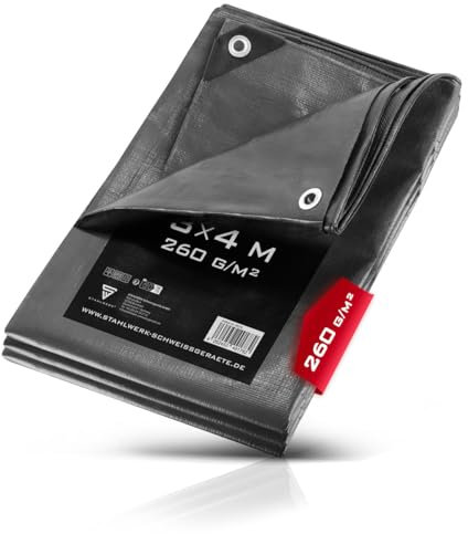 STAHLWERK Abdeckplane mit Ösen | 3 x 4 m (Verschiedene Größen) | 260 g/m² wasserdichte Schutzplane | Gewebeplane | Gartenplane | Bootsplane | Holzplane PE Plane erhältlich in 2 x 3m, 3 x 4m, 4 x 6m