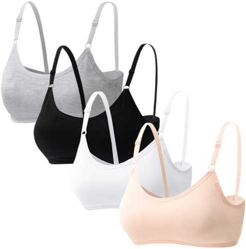 Hornice Pacco a 4 Reggiseno Sportivo per Ragazze Intimo in Cotone Tinta Unita Imbottitura Fissa e Spallacci Regolabili, Adatto per Bambini di età Compresa tra 10-18 Anni