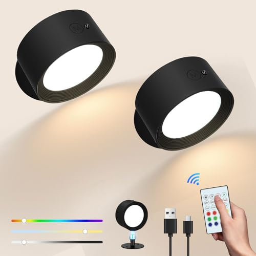 Contraxump 2Pcs Rechargeable Wall Lights Indoor, Wireless LED Wall Lights, USB Light with Remote, Magnetic Mounted Reading Wall Lamp for Bedroom Bedside Living Room (Black)