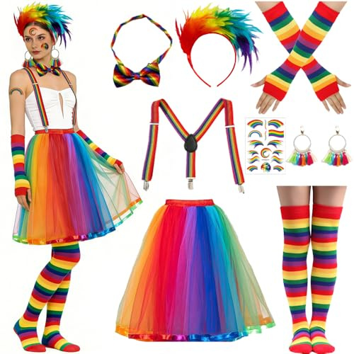 Shengou Jupes en Tulle Arc-en-Ciel,Jupe en Tulle Femme,Jupe Tutu avec Femme,Bandeau à plumes, bretelles colorées, chaussettes hautes, gants pour Festivals,Fêtes,Carnavals,Halloween