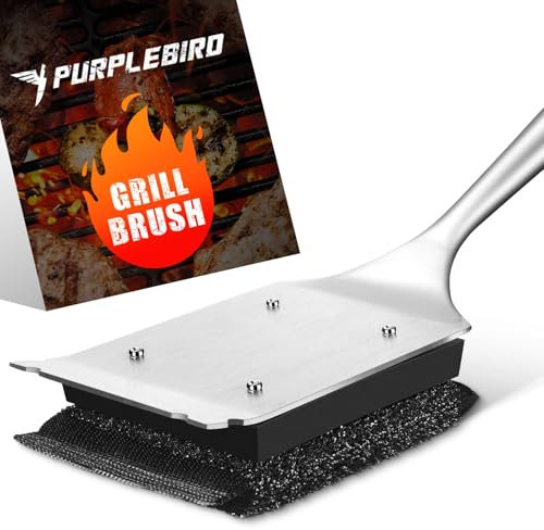 PURPLEBIRD BBQ-Grillbürste 3 in 1 für Gussrost, Edelstahl, lange Holzgriff, Ersatzbürste