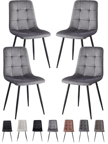 GrandCA HOME Juego de 4 Sillas de Comedor con Asiento Tapizado en Terciopelo Holandés, Sillas de Cocina Modernas con Patas de Metal, Gris-HL