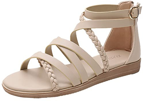 Momolaa Clearance UK 6 Women Braided Strappy Gladiator Flat Sandals Roman Back Zipper Sandals Sandles Khaki