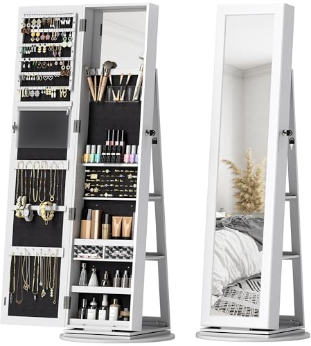 HOMCOM Specchio Portagioie Girevole a 360°, Armadietto Portagioie con Serratura con Chiave, Specchio a Figura Intera con 3 Ripiani sul Retro e 2 Cassetti, 55x55x161 cm, Bianco