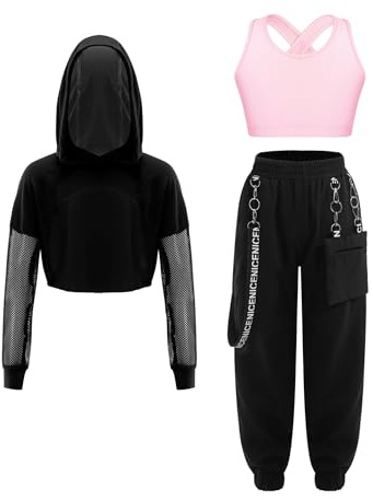 inlzdz Kinder Mädchen 3 Teiliges Hiphop Street Dance Outfit Hoodie Shirt Crop Top Jogginghose Jogger Anzug Jazz Tanz Outfit Bühnen Performance Rosa 146-152