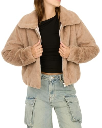 Forever 21 Women's Faux Fur Zip-Up Jacket – Soft Plush Collared Coat with Front Zip Closure, Warm Polyester Outerwear for Cold Weather, Cozy and Stylish Cropped Fit