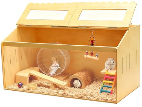 Hocomay Gabbia per criceti, in legno, trasparente, per piccoli animali siriani, piccola gabbia per animali domestici, con finestra in acrilico, petalo, grondaia, vista adatta per porcellini d'India