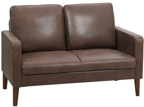 HOMCOM Divano 2 Posti Imbottito in Tessuto Effetto Pelle Traspirante con Cuscini e Gambe in Legno di Caucciù, Divanetto Salvaspazio con Braccioli per Soggiorno, Salotto, 130x78x85 cm, Marrone Scuro