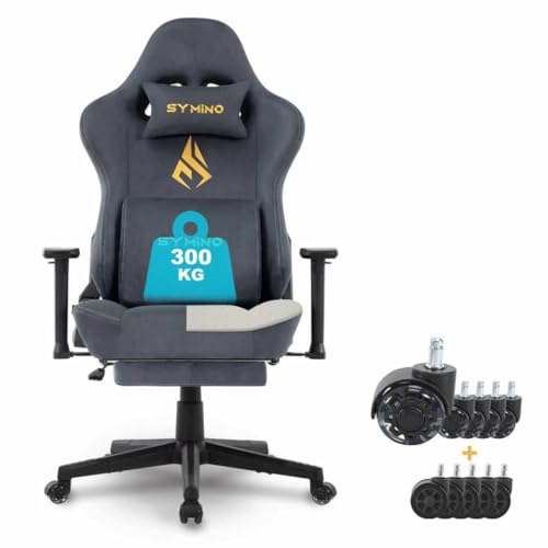 Symino Gaming Stuhl mit Latex Sitzkissen 300kg Belastbarkeit, Ergonomischer PC-Stuhl mit Memory-Schaum Lendenwirbelstütze und Kopfstütze, Atmungsaktiver Bürostuhl aus Wildlederimitat, Grau