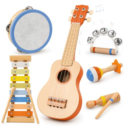 Toddler Guitar Musical Instruments Montessori Toys for Baby 2 3 Year Old, Muted Color Wooden Percussion Musical Toy Set with Ukulele Xylophone Tambourine, Birthday for Baby Boy Girl