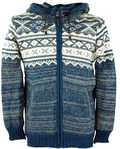 GURU SHOP Unisex Strickjacke mit Norwegermuster, Wolljacke, Nepaljacke Blau - Modell 22, Herren, Size:L