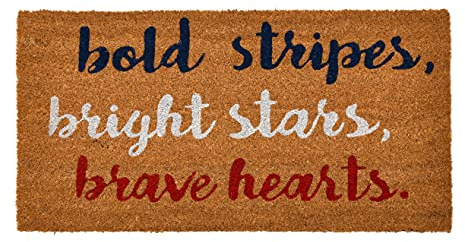 Creative Co-Op Coir Entry Doormat with Patriotic Message, Bold stripes, bright stars, brave hearts with non-slip liner backing-Americana, July 4th or Memorial Day Summer Entry Mat, Red, White & Blue