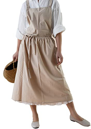 Achsoo Cotton Solid Color Pinafore with Pockets Cross Back Straps Casual Bib Aprons Cooking Gardening Coffee Shop (Beige-B)