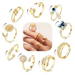 FIBO STEEL 9 Pcs Fidget Anxiety Rings for Women Men Spinner Rings for Anxiety Relieving Stress Open CZ Flower Moon Star Anti Rotatable Rings Adjustable
