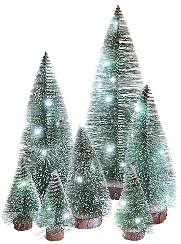 VEYLIN Mini Pine Tree, 7PCS Artificial Snow Christmas Tree with Lights for Winter DIY Crafts