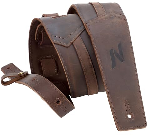 Nefelibata 3 Gitarrengurt, Vollnarbenleder, mit Schaumstoffpolsterung und Kabelaufbewahrungsschlaufe, für Bass, elektrische und akustische Gitarren（Dunkelbraun）
