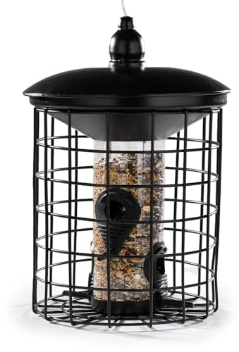 CULT a home Vogel Futterhaus – Futtersäule mit Schutzkäfig – Vogelhaus taubensicher für kleine Vögel Wildvögel – Vogelfutterhaus zum Aufhängen – Metall Schwarz Höhe 29 cm