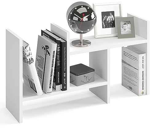 KOMTO Tischregal Schreibtisch Aufsatzregal - Regal Klein, Küchenregal Stehend für Arbeitsplatte, Desktop Bücherregal Weiß | Shelf K 51-97 х 20 х 40 cm
