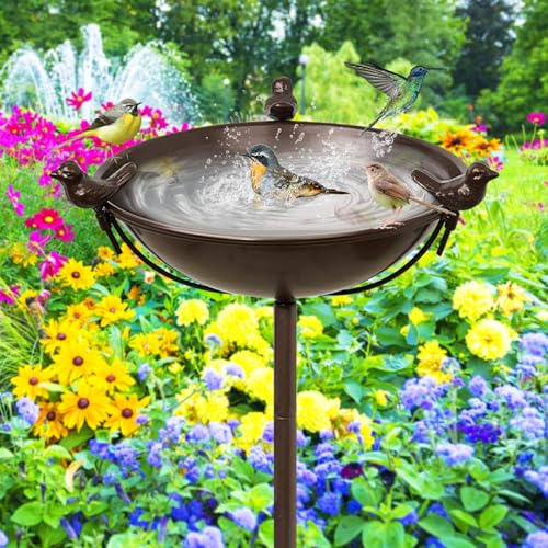 MeyRolizn Outdoor Bird Bath Garden BirdBath Feeder with Metal Stake, Freestanding Birdbaths Bowl with 3 Resin Bird Statues, Birdbath & Birdfeeder Garden Yard Lawn Decor (braun)