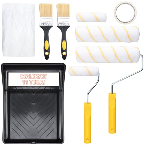 Malerset 11 teiliges mit Farbroller Wandfarbe, Malerrolle Klein, Malerpinsel, Pinsel, Farbwanne, Abdeckfolie, Kreppband, Steckbügel-Malerset Streichen