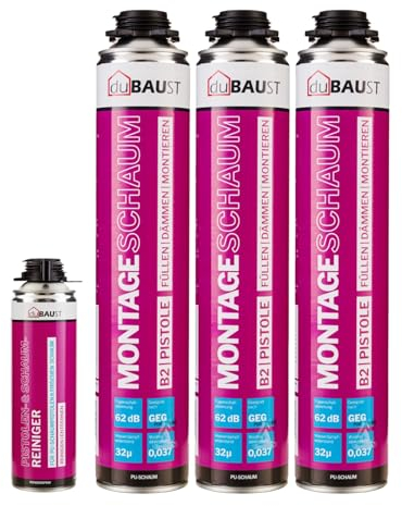 dubaust MSP24 Bauschaum Montageschaum Pistolenschaum 750ml Kombisets PU Dämmschaum hohe Schalldämmung Wärmedämmung Isolierend B2 (mit Reiniger PRS24 500ml, 3x 750ml)