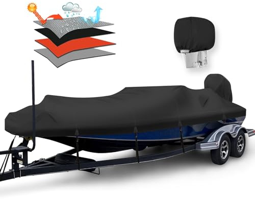 Solim Vattentätt 900D PU båtskydd med motorskydd, 4,9–5,5 cm marinkvalitet slitstark polyesterduk, passar 4,9–5,6 m basbåt, V-skrov, runabout, fiskebåt, skidbåt med rem, svart