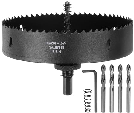 sourcing map Kit per sega a tazza bimetallica da 162 mm, set con 1 albero esagonale da 1/2, 5 punte da trapano centrali da 1/4, 2 molle, 1 chiave per legno, plastica, metallo morbido