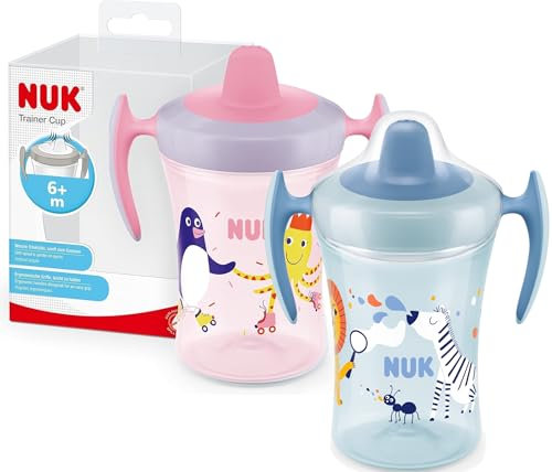 NUK Trainer Cup Trinklernbecher im praktischen Doppelpack, auslaufsicherer Becher mit weichem Trinkschnabel & ergonomischen Griffen, 6+ Monate, 230 ml, BPA-frei, rosa Pinguin & blaues Zebra | 2 Stück