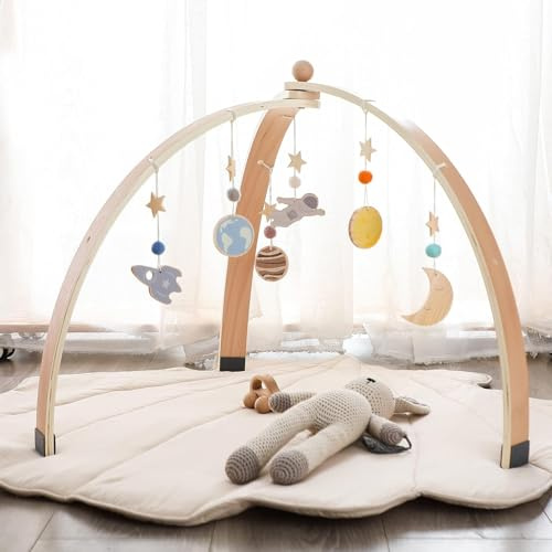 WOODEN TEETHER Arco da gioco per neonati in legno con 5 giocattoli sensoriali rimovibili | Arco da gioco Montessori pieghevole in legno per cameretta dei bambini, decorazione (Colore Triangolo Tronco)