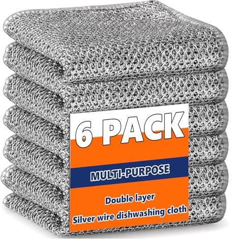 TNSOYCA 6 Piezas Estropajo Aluminio,Paños de Cocina Metálicos Doble Capa,paños de Limpieza Reutilizables,estropajos Cocina,Paños de Limpieza de Alambre Multiusos(Plata,20x20 cm)