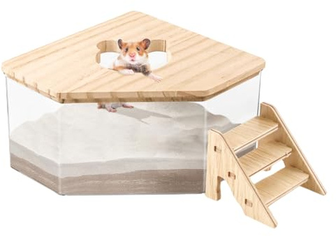 Hamstersandbadlåda – hamsterbur sandbehållare, transparent husdjur små djur duschbadkar | trästege ingår små djur toalett gerbil duschrum för barnrum, sovrum
