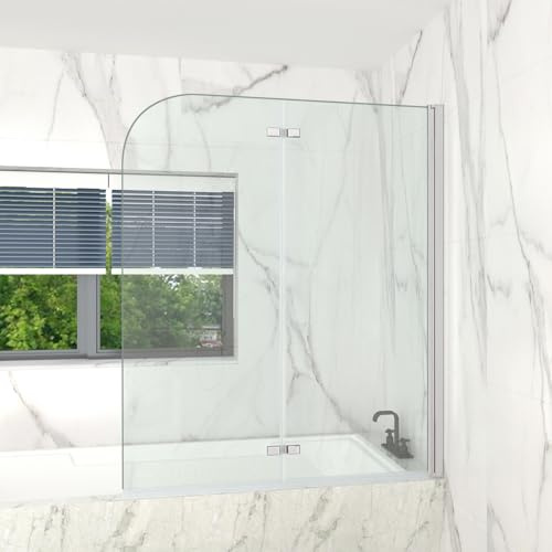 T&K Pannello doccia per vasca da bagno, 130 x 140 cm, cromato, 2 pezzi, pieghevole, 5 mm, vetro temperato di sicurezza su entrambi i lati, facile da pulire, per vasca da bagno