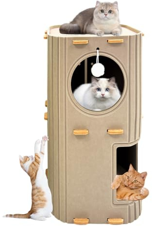 Homegroove 2-Storey Grande maison pour chat d'intérieur - Lit confortable avec tunnel Hideaway - Multi-Cat Condo pour le repos et le jeu (chameau, grand)