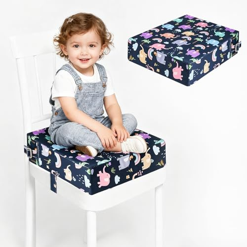 KBIBCK Rialzo Sedia Bambini, Cuscino Rialzo Sedia per Bambini,Lavabile Rimovibile Portatile,Cuscino per Sedia Seggiolino,Rialzo Sedia Bambinida Tavolo con Regolabile Cinghiette Antiscivolo (Elefanti)