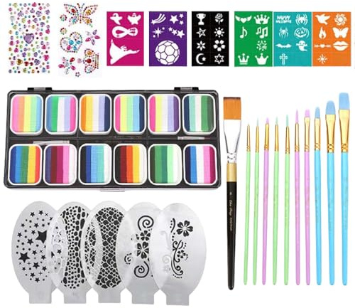 Maquillage Visage,Kit de Maquillage Visage avec Pochoirs - Palette 12 Compartiments Couleurs Vibrantes avec Pinceaux et Pochoirs pour