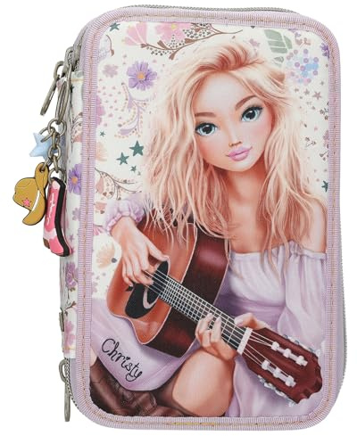 Depesche 13664 TOPModel Cowgirl - Estuche de 3 Compartimentos en Color Morado, con Motivo de Modelo y Estampado de Flores, Estuche con lápices de Colores, Tijeras, Regla y Mucho más