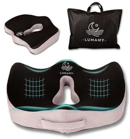 LUMAMY Cojin Silla Oficina de Espuma Memoria Portatil XL Reduce Presión, Cojin Coxis con Diseño Ergonómico, Cojin Antiescaras, Embarazada Confort Prolongado para Trabajo, Hogar y Coche