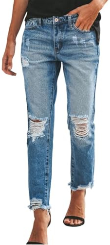 Nuoke Pantalon Femme,Jeans déchiré pour, Taille Haute, Coupe Droite, déchiré, troué, Confortable et décontracté, modèle Couleur