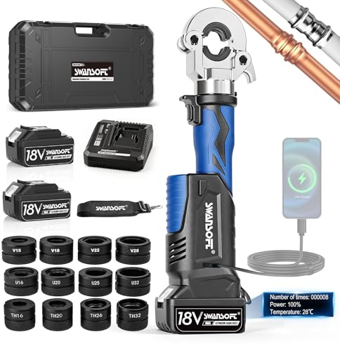 SWANSOFT 18V Pinza pressatrice idraulica per tubi con profili V/U/TH, set utensile a batteria con 12 matrici V15-18-22-28 U16-20-25-32 TH16-20-26-32 per rame, inox e tubi multistrato (SW-PR-301B-12B)