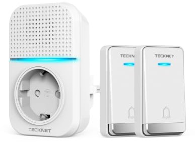 TECKNET Sonnette Sans Fil Kit, 400M Sonnette avec 2 Emetteurs | 5 Niveaux de Volume Porte Auto-Alimentée avec 60 Mélodies, IP65 Etanche Carillon Sans Pile, avec Tomas USB Externas y Luz LED