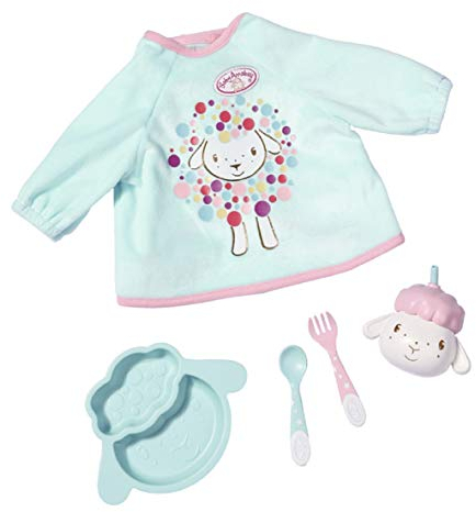 Baby Annabell Zapf Creation 702024 Lunch Time Set, Puppenzubehör für Puppenstuhl mit Latz-Shirt, Teller, Löffel, Gabel und Flasche, rosa und türkis