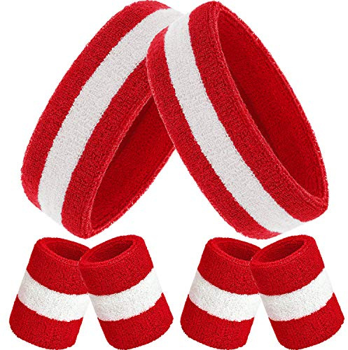 6 Pcs Rainbow Terry Cloth Sweatbands Set: 2 Headbands, 4 Wristbands for Sports, Gym, LGBT Pride Parades for Men & Women (Red and White Stripes)