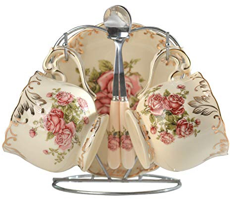 YOLIFE Tea Cup and Saucer Set of 2, 200 ml Vintage Ivory Porcelain Tea Cups Set with Stand, Teacup Saucer Set - Pink Rose with Gold Leaves