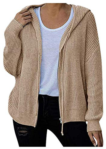 Berrykey Cárdigan con capucha y cremallera para mujer, suéter grueso de punto con bloques de color, cálido, acogedor, holgado, abrigo S-XL, 015- Caqui, M