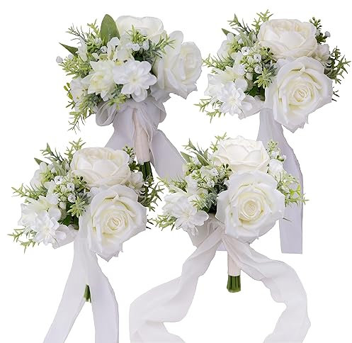 BENCENTRE 17,8 cm weißer und grüner Brautjungfernstrauß für Hochzeit, 4 Stück, kleiner Hochzeitsstrauß, für Heiratsantragsparty und Vintage-Hochzeitszeremonie, Jahrestag, künstliche Blumen