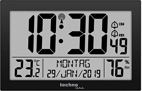 Technoline 8016 WS8016 - Orologio radio da parete con indicatore di temperatura, in plastica, nero, 225 x 143 x 24 mm, WS8016, 225 x 24 x 143 mm