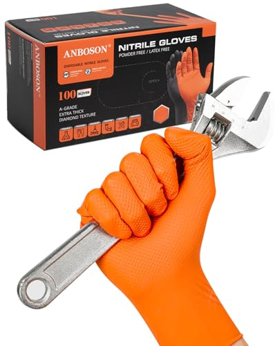 ANBOSON 10mil Nitrile-Gloves Disposable-Orange Chemical-Resistant Rubber - Mechanic Gloves Heavy Duty, Latex Free, Diamond Grip (100, X-Large)