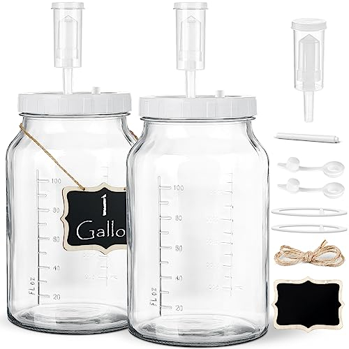 Lot de 2 grands bocaux de fermentation de 3,8 l avec 3 sas et 2 couvercles à vis (couvercle 100 % hermétique robuste avec silicone) – Bocaux en verre à large ouverture avec marque d'échelle – Bocaux à