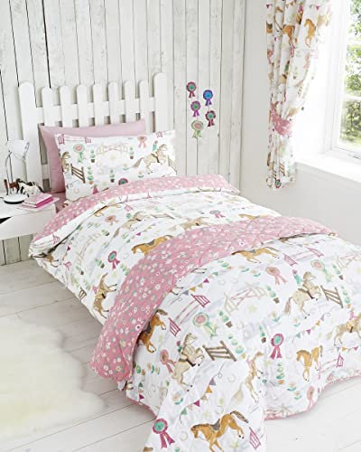 Homespace Direct Equestrian Girl Kids Duvet Cover Set Horse Riding Reversible Easy Care Bedding Childrens Animal/Floral Bed Linen with Pillowcases - Single