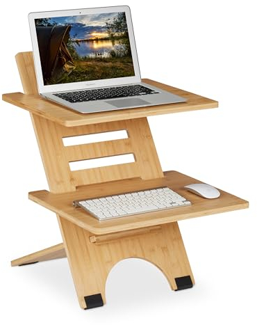 Relaxdays Stehschreibtisch Aufsatz, höhenverstellbar, 2 Ablagen, Bambus, Schreibtischaufsatz, stehend Arbeiten, Natur
